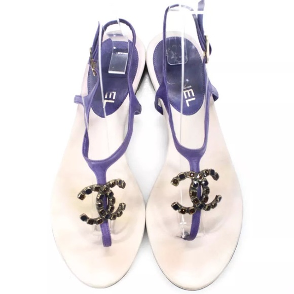 Chanel Womens Sandals Purple Leather Jeweled CC